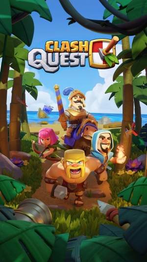 Clash Quest characters on a tropical beach