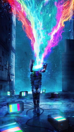 Digital Art of a TV Head Person with Colorful Energy