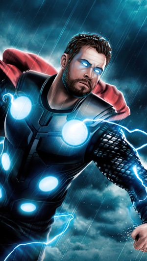 Thor from Marvel Comics with glowing eyes and lightning