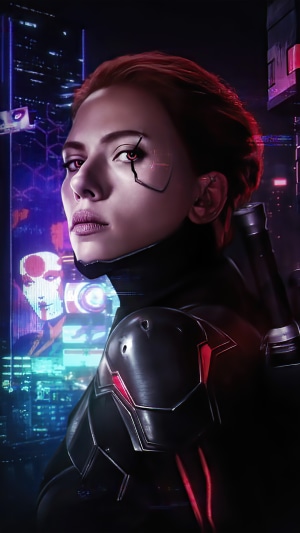 Black Widow from Marvel Cinematic Universe in Cyberpunk City 4K