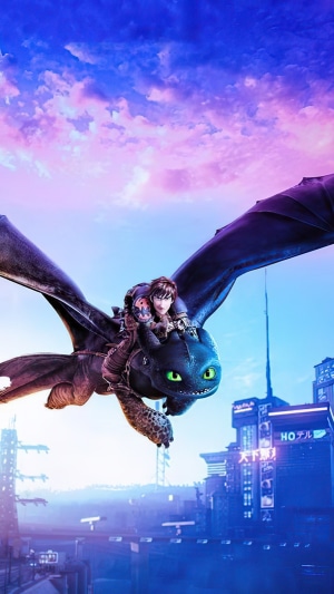 Hiccup and Toothless flying over a futuristic city