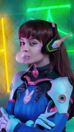 D.Va from Overwatch blowing bubblegum