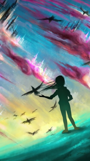 Girl feeding birds in a colorful sky