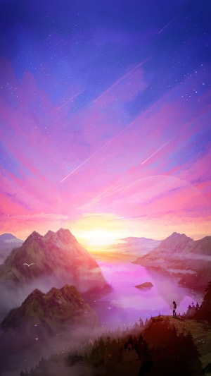 Digital art of a lone figure overlooking a mountain landscape at sunset