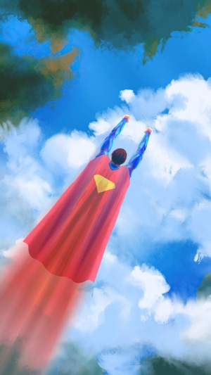 Superman flying through clouds