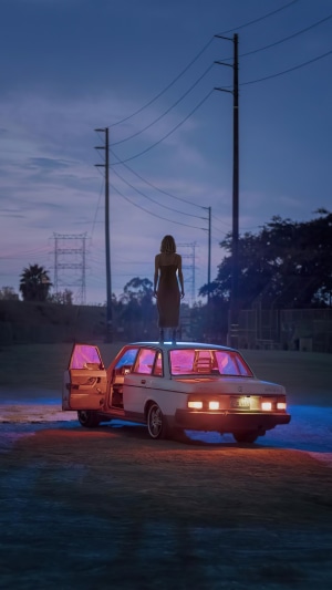 Woman standing on car at dusk
