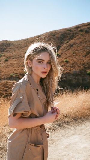 Sabrina Carpenter in a tan outfit outdoors
