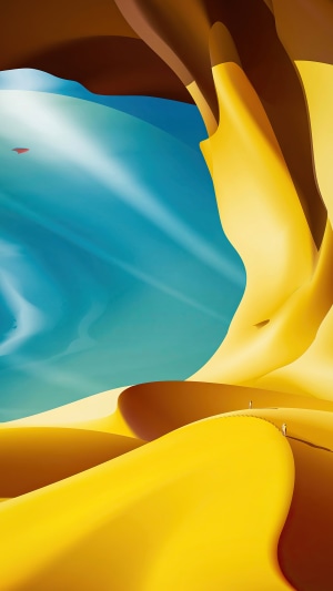 Digital art with UFO over desert dunes