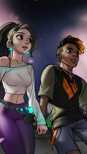 Couple holding hands at night