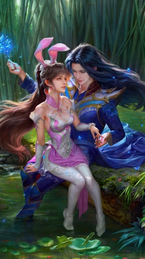 Anime couple with bunny ears in a bamboo forest