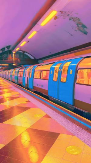 Train at a subway station with colorful lighting