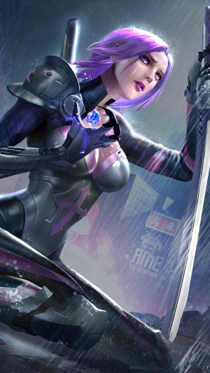Cyberpunk warrior with purple hair and sword