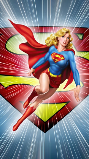 Supergirl flying in front of the Superman S-shield logo