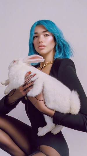 Dua Lipa holding a white rabbit