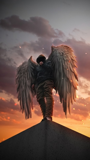 Hoodie Figure with Large Wings at Sunset