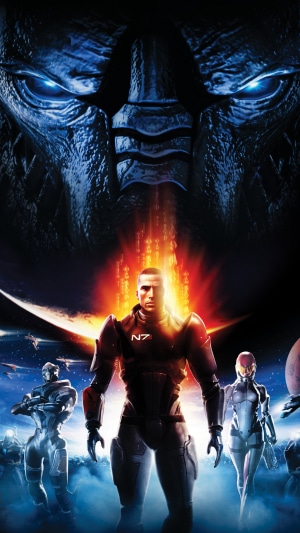 Commander Shepard and allies from Mass Effect facing a Reaper