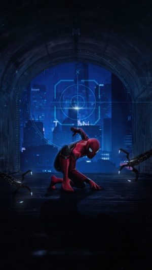 Spider-Man in a tunnel with city background