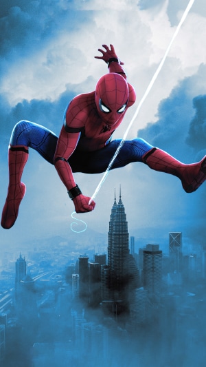 Spider-Man swinging over a city skyline