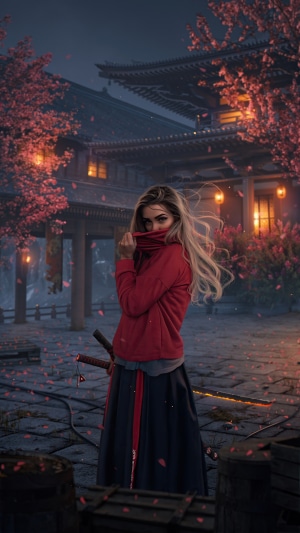 Woman in red jacket and skirt with swords in front of Japanese temple