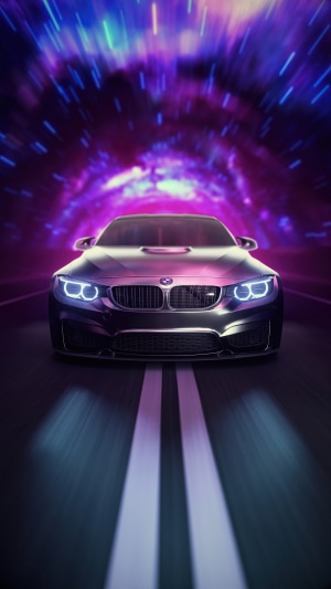 BMW M4 on a neon-lit road