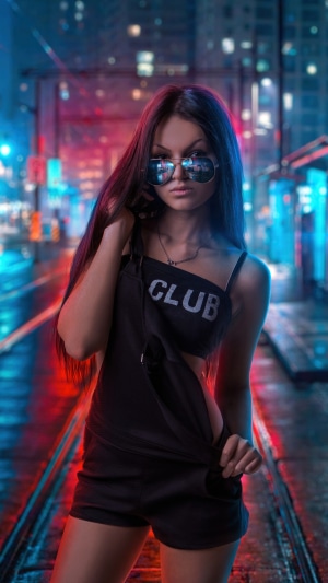 Girl in sunglasses and black outfit in neon city