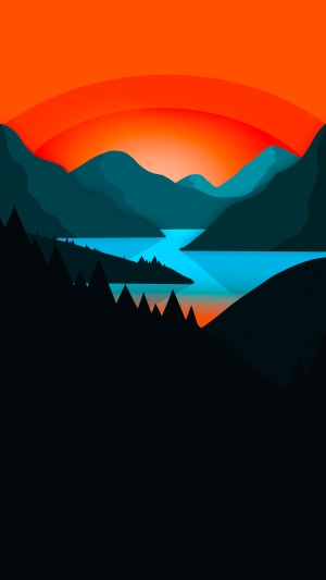 Minimalist landscape with mountains and lake at sunset