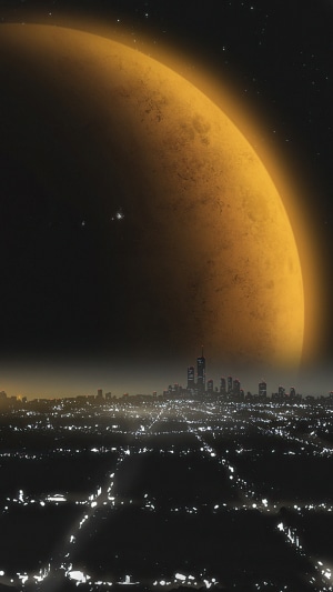 Digital art of a futuristic city under a giant planet