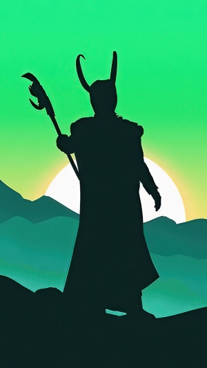 Loki silhouette with staff against sunset and mountains