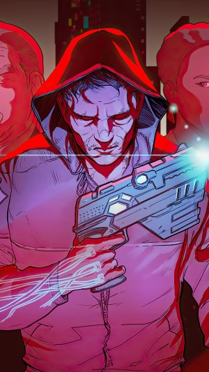 Man in hoodie holding futuristic gun