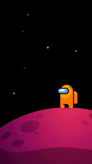 Orange Among Us character on a planet