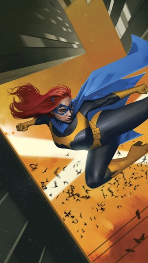 Batgirl flying over a city with birds