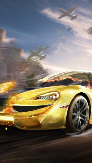 Yellow sports car in a city with planes overhead
