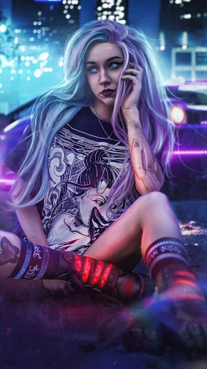 Woman with purple and blue hair in cyberpunk city