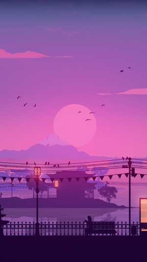 Digital art of a serene sunset over a lake