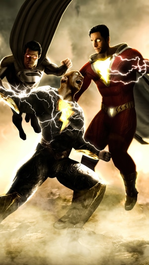 Superman, Shazam, and Black Adam in a fight
