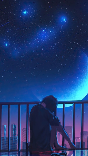 Girl on balcony looking at starry night sky over city