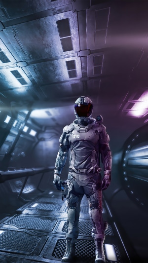 Astronaut in a sci-fi corridor