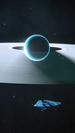 Elite Dangerous planet with rings and spaceship