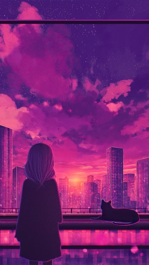Anime Girl and Cat in a Neon Cityscape