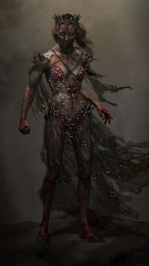 Undead woman in tattered dress with crown