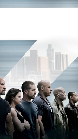 Fast & Furious cast in front of Los Angeles skyline
