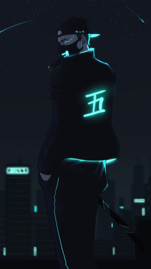 Man in mask and cap with glowing Japanese characters