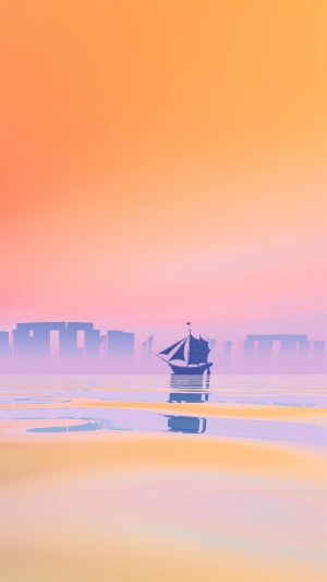 Sailboat in front of Stonehenge at sunset