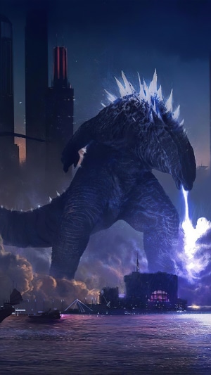 Godzilla firing atomic breath in a city