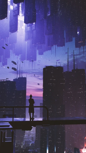Digital art of a futuristic city with a person overlooking