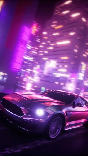 Ford Mustang driving through a neon city at night