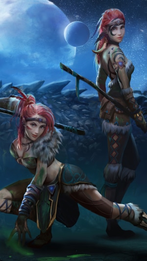 Fantasy warrior girls with spears in a moonlit landscape