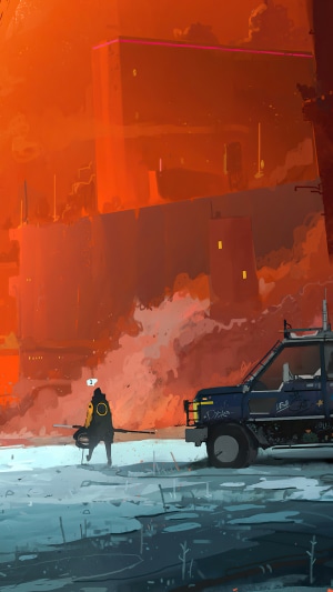 Sci-fi landscape with figure and vehicle