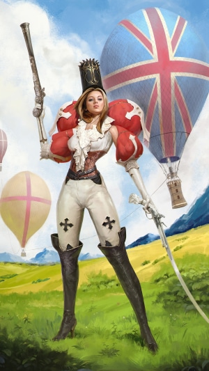 Woman in military uniform with hot air balloons