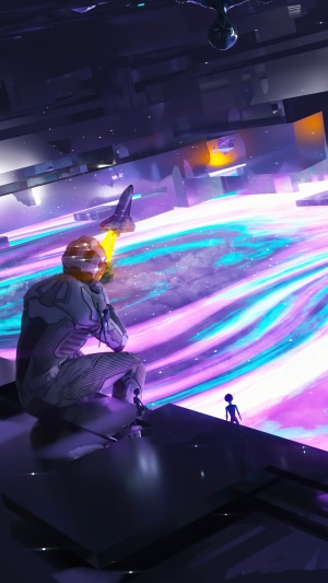 Astronaut and alien observing a spaceship in a nebula
